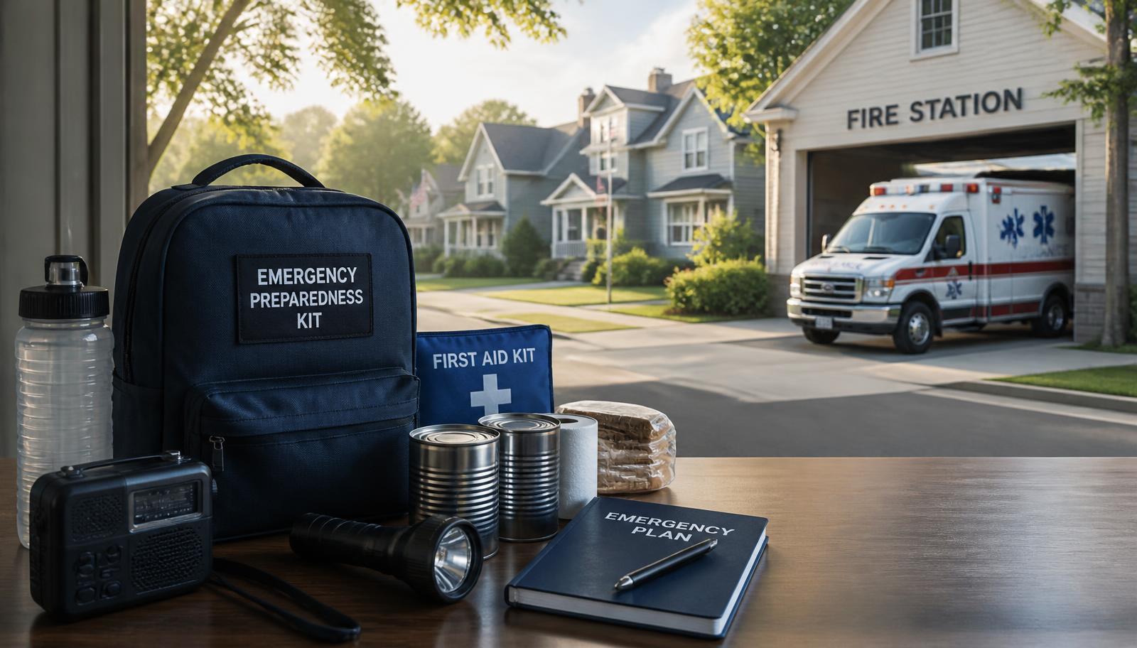 Household emergency preparedness kit on a table with a neighbourhood fire station in soft morning light